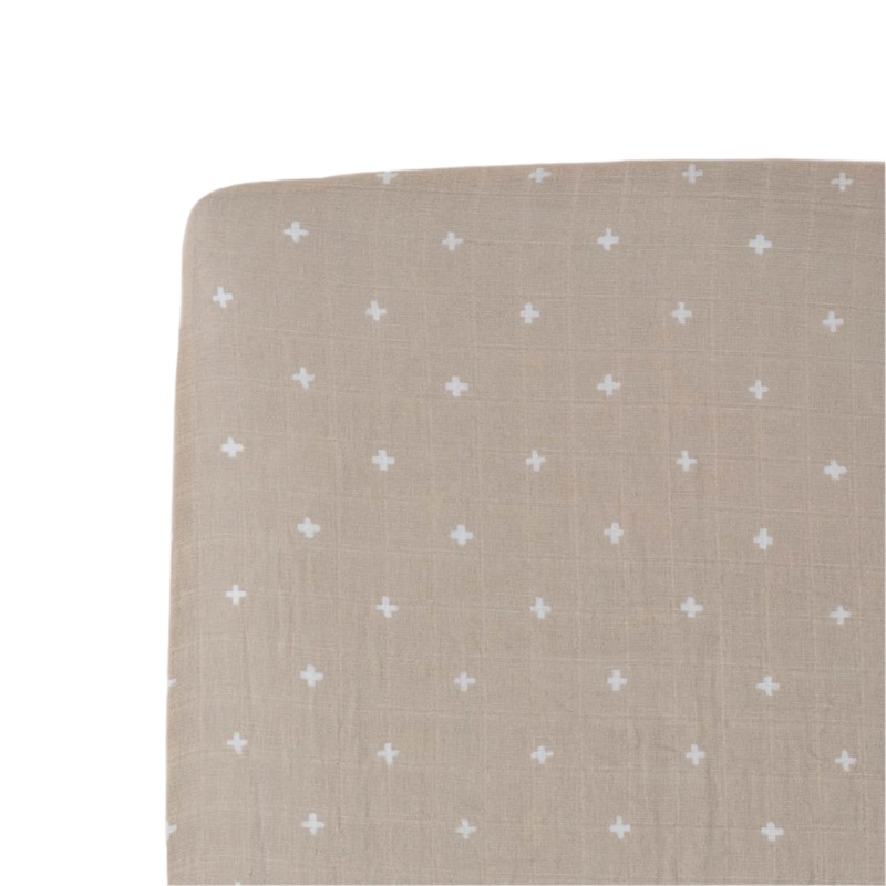 Cotton Muslin Crib Sheet – Taupe Cross