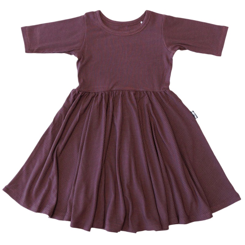 MID SLEEVE TWIRL DRESS- Black Cherry Ribbed