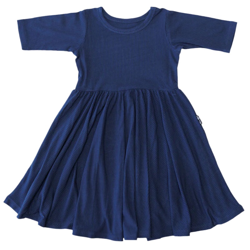 MID SLEEVE TWIRL DRESS- Navy Ribbed