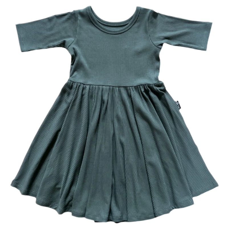 MID SLEEVE TWIRL DRESS- Slate Ribbed