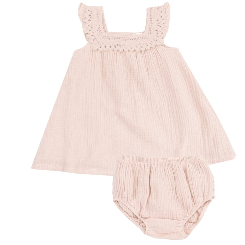 Sundress with Heart Crochet & Diaper Cover – Solid Muslin Rose Smoke
