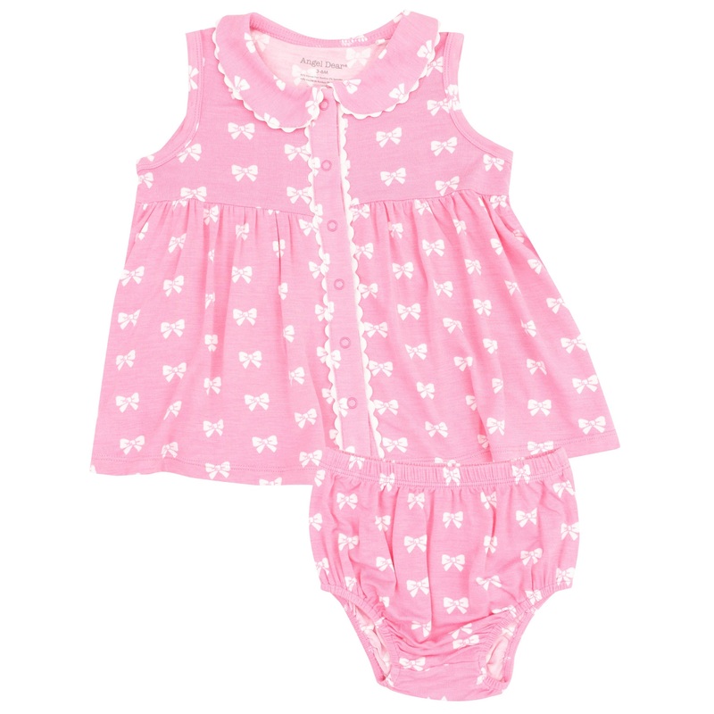 The Jill Peter Pan Button Front Dress with Ric Rac Trim and Diaper Cover – Pink Bows