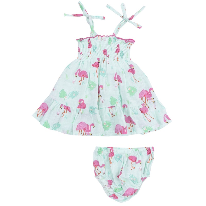 Tie Strap Smocked Sun Dresss  and Diaper Cover – Flamingos